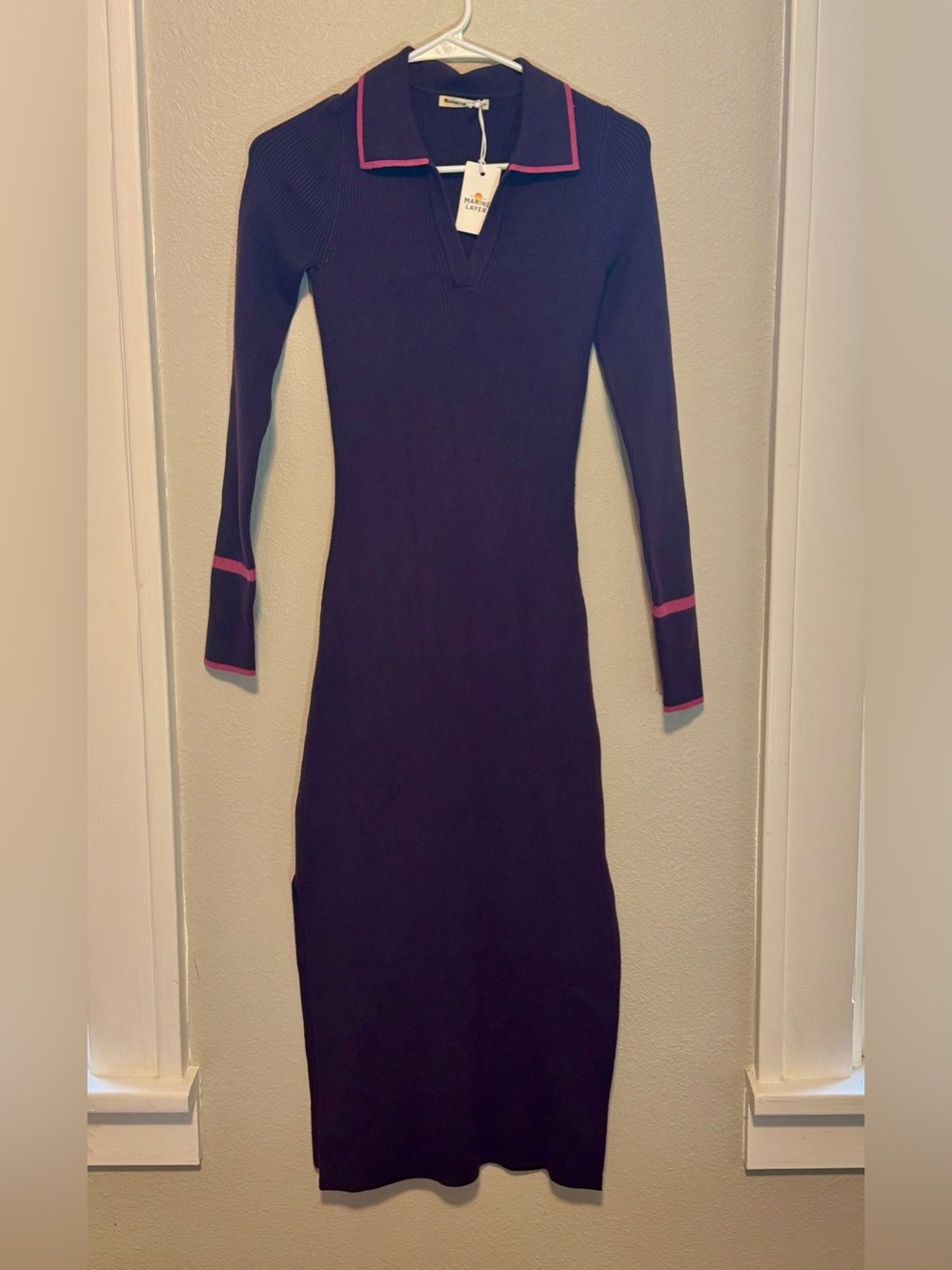 Marine Layer Purple Long Sleeve Ribbed Polo Dress with Pink Trim